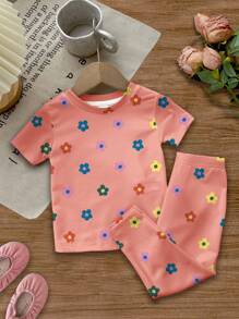 SHEIN Happikins Baby Girl Casual Minimalist Snug Fit Short Sleeve Top And Long Pants Loungewear Set, Suitable For Summer - Multicolor - View 2