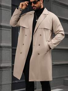 Manfinity Homme 男士街头热销INS风男士纽扣前襟长袖口袋简约休闲风衣，外出法兰绒风衣，适合送给朋友、丈夫、男友的礼物，男士长款外套，男士米色外套，男士风衣，秋季新款 - 卡其色 - 查看 4