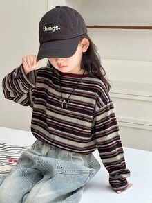DAZY Young Girls Round Neck Casual Long Sleeve T-Shirt, Brown Stripes, Korean Style, Spring/Autumn - Coffee Brown - View 6
