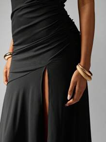 MISSGUIDED Evening Formal One Shoulder Floor Length Maxi Dress With Ruched Detailing High Slit Party Wedding Guest Bridesmaids Gown Mermaid Silhouette - Black - View 3