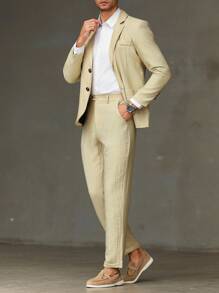 Manfinity Mode Plus Size Men's Solid Color Lapel NeckLong Sleeve Jacket And Pants Suit Set - Apricot - View 4