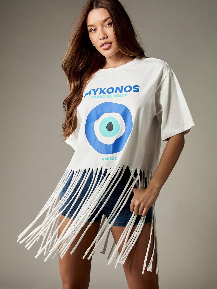 MISSGUIDED Mykonos Paradise Beach Evil Eye Fringe T Shirt Summer Beachwear Mediterranean Festival Oversized Tassel Hem Graphic Resort Top Holiday Travel Souvenir Tee