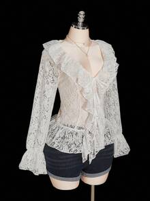 SHEIN ICON 大码女式优雅V领荷叶边蕾丝长袖衬衫，秋季，日期 - 白色 - 查看 6