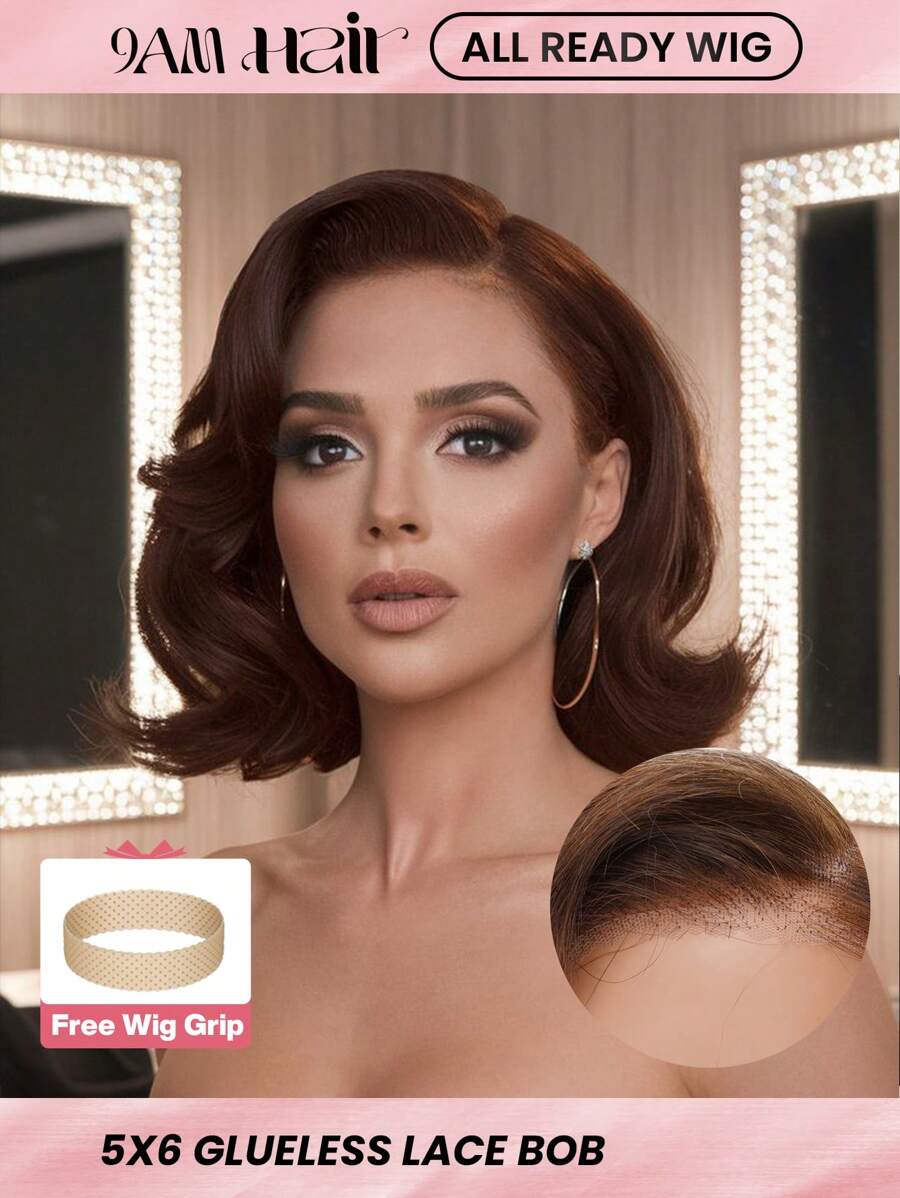 ALL READY WIG 戴上即用无胶鲍勃假发 4# 彩色波浪前蕾丝人发假发 适合女士 巧克力棕色 预拔和预剪 5x6 蕾丝闭合 无需胶水 适合初学者 8 英寸 - S4 - 查看 1
