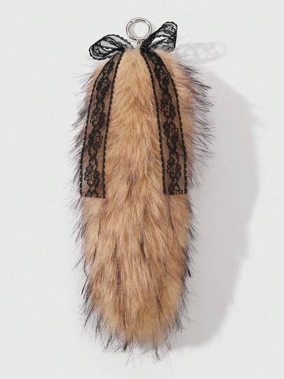 Grunge Punk 1pc Y2K Retro Chic Fashion High-Quality Brown Gradient Faux Fur Animal Tail With Black Lace Bow DIY Keychain Bag Charm, Suitable For Women/Girls Daily Wear, Holiday Gift