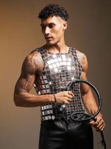 FeverCity Men's Silver Sequin Linked Fashionable Top, 2000s Style - Silver - View 1