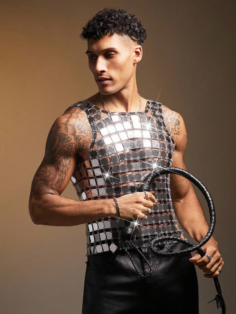 FeverCity Men's Silver Sequin Linked Fashionable Top, 2000s Style - Silver - View 1