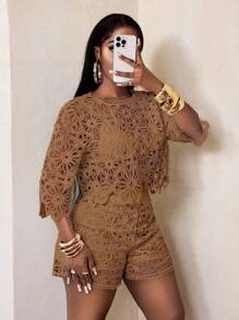 BamGleam Áo kiểu nữ dệt kim bốn mùa, chất liệu ren xuyên thấu, khoét eo gợi cảm, tay loe, kiểu dáng thanh lịch. - Màu Khaki - Xem 3