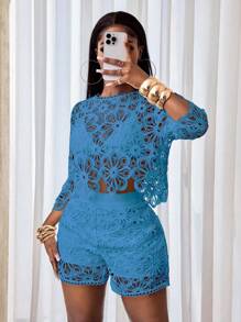 BamGleam 性感镂空蕾丝透视喇叭袖四季针织女式衬衫，女士上衣，修身优雅圆领上衣 - 藍色 - 查看 4