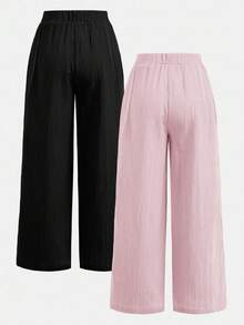 SHEIN Girlism 2pcs Tween Girls' Casual Woven Textured Bow Loose Wide Leg Pants Set, Black + Khaki, Relaxed Holiday Style, Back To School Season, Summer Pants, Drawstring Pants, Loose Pants, Pants For Summer, Wide Leg Summer Pants Fall Winter - Baby Pink - View 2