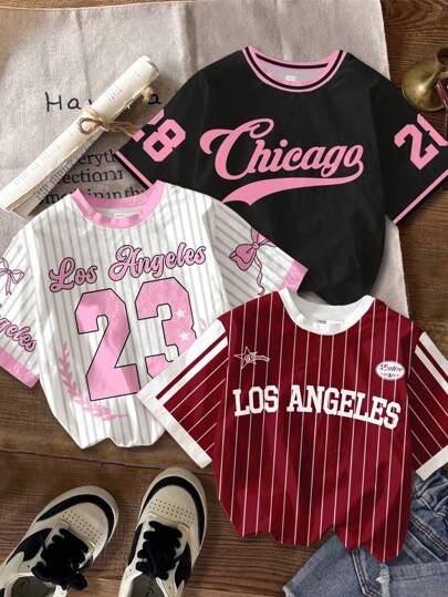 休闲图案条纹数字 23 和字母印花 T 恤，白色、复古红色、黑色和粉色，年轻女孩基本款圆领短袖 T 恤，撞色条纹，适合春夏季