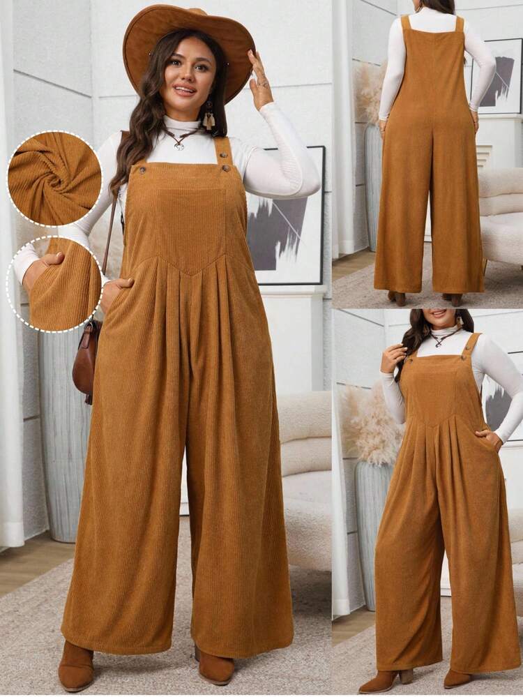 Plus Size Women Solid Color Pocket Pleated Wide Leg Loose Casual Jumpsuit Brown Jumpsuit Women Casual Jumpsuits For Woman