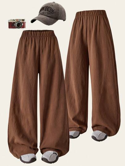 SHEIN Explorewe 1 件 Tween Girl 优质纹理面料白色休闲高品质舒适长裤，全新夏季系列