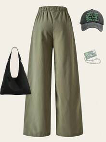 SHEIN Explorewe 1 pièce Pantalon long blanc décontracté de haute qualité et confortable en tissu texturé, nouvelle collection d'été pour filles - Vert olive - Voir 2