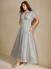 Anewsta 大码女式 V 领短袖串珠链褶腰露背系带长裙，优雅精致，夏季 - 灰色 - 查看 5