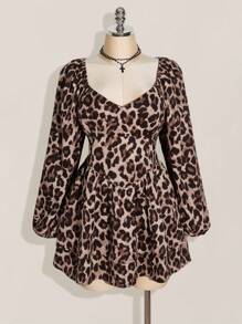 SHEIN ICON Plus Size Leopard Print Lantern Sleeve Cinched Waist A-Line Mini Dress,Beige,Autumn,Classy,Night Out Club,Y2K Style Long Sleeve Dates Parties Dress - Multicolor - View 3