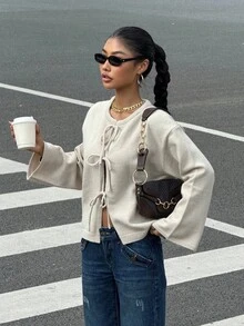 Muchica 女装秋季新款纯色打结长袖开衫，通勤极简主义办公室装，复古简约，女式前系带腰带纯色针织毛衣开衫，可内搭T恤，长袖上衣，适合日常出街穿着 - 杏色 - 查看 4