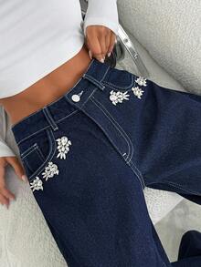 EURMUSE Low Waist Shiny Stone Detailed Straight Jean Wide Leg Jeans Baggy Jeans Y2k Jeans Rhinestone Jeans Embellished Jeans - Dark Wash - View 1