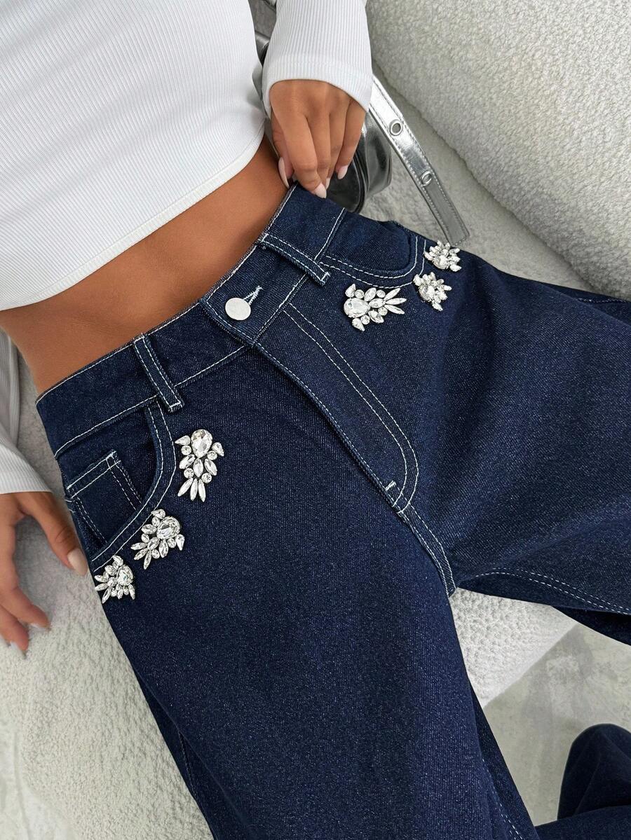 EURMUSE Low Waist Shiny Stone Detailed Straight Jean Wide Leg Jeans Baggy Jeans Y2k Jeans Rhinestone Jeans Embellished Jeans - Dark Wash - View 1