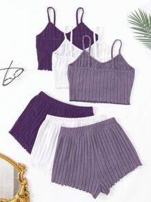 SHEIN 3 piezas Conjunto de pijama de camiseta de punto acanalado y pantalones cortos de unicolor para mujer - Multicolor - Ver 2