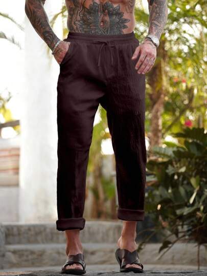 Manfinity Homme Men's Solid Color Waist Tie Pocket Straight Leg Casual Pants, Fall