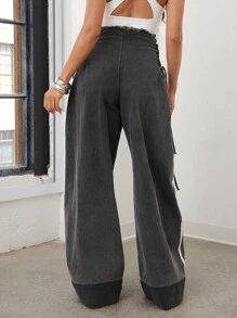 Vixey 女式侧系带磨边阔腿宽松休闲牛仔裤 - 黑色 - 查看 5