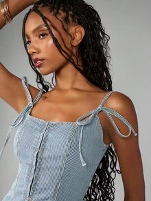 MISSGUIDED 复古风牛仔紧身胸衣背心，带钩眼扣细节系带肩带，后背褶饰，春夏节日休闲无袖 - 淺藍色 - 查看 6