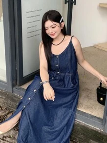 Dazy Plus Dark Wash Blue A-Line Denim Pinafore Dress, All Season - Dark Wash - View 7
