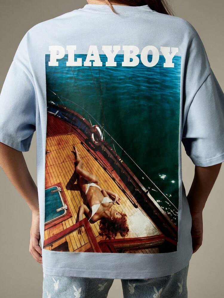 Missguided x Playboy Oversized Lifestyle Graphic Print T-Shirt Summer Beach Boat Design Vintage Inspired Large Back Print Aesthetic Casual Loungewear Vacation