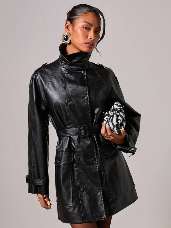 COSMINA Women's Solid Color Minimalist Long Sleeve Trench Coat, Everyday Wear Leather Jacket Women In Fall/Winter