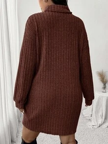 SHEIN Frenchy Casual Minimalist Turtleneck Ribbed Brushed Dress, Plus Size, Suitable For Leisure And Home, Autumn/Winter,Fall Clothes For Women - Coffee Brown - View 2
