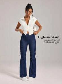Flexra Calça Denim Feminina Casual, Versátil, Cintura Fina e Perna Flare, Para Uso Diário - Azul - Visão 6