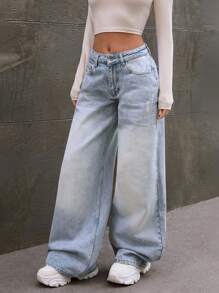 EURMUSE WOMEN MID WAIST WIDELEG BLUE DENIM CASUAL STREET WEAR - Medium Wash - View 3