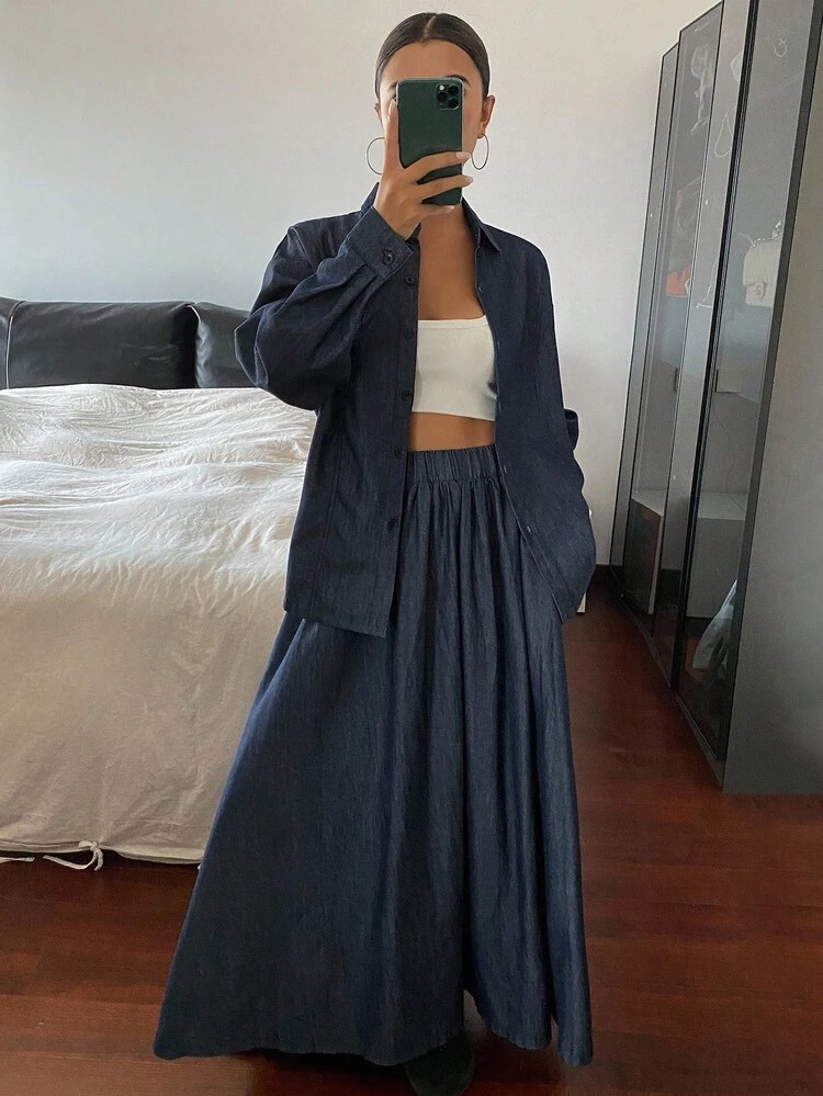 Women's Denim Shirt With Turndown Collar, Long Sleeve, Loose Fit, Back Tie Waist Design, And Loose Fit Long Denim Skirt, Casual Denim Set
