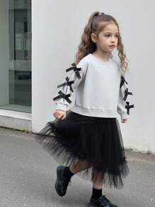 SHEIN Young Girl Fashion Bow Decor Sweatshirt Paired With Tulle Puff Mini Skirt, Elegant, Suitable For Parties And Daily Wear - Light Grey - View 4