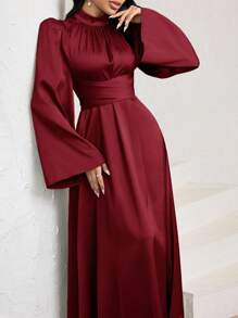 Veilorie 女式优雅纯色喇叭袖阿拉伯风格连衣裙 - 酒紅色 - 查看 4