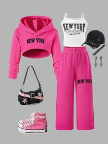 女童连帽卫衣，内置吊带背心，搭配阔腿裤，时尚百搭，简约风格 - 粉色 - 查看 1