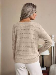 EMERY ROSE Boat Neck Pointelle Knit Drop Shoulder Sweater - Apricot - View 2