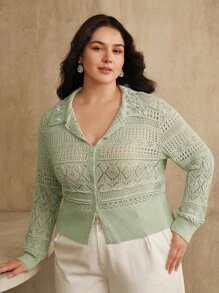 Anewsta Cardigan feminino plus size elegante com contas vazadas e ajustado, outono/inverno - Verde - Ver 5