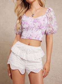 WESTFADE Quần short Micro Bloomer lưng thun nhún bèo họa tiết hoa mùa hè miền Tây đồng quê phong cách cowgirl Nashville hòa nhạc tiệc trưa bãi biển Boho - trắng - Xem 4