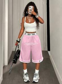 BamGleam Women's Letter Print Waistband Wide Leg Loose Casual Capri Sports Sweatpants - Pink - View 5