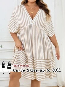 SHEIN CURVE+ Plus Size Women Striped V-Neck Batwing Short Sleeve Ruffle Hem Casual Dressfall Clothes For Women,Winter,CURVE PLUS - Multicolor - View 1