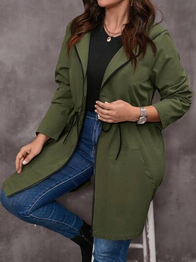 EMERY ROSE Plus Size Women's Solid Color Long Sleeve Drawstring Waist Zipper Front Casual Hooded Jacket,Fall Clothes For Women Winter Autumn