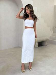 Jemour Conjunto Blanco De Top Tubo Crop Y Falda Lápiz Texturizada - Blanco - Ver 1