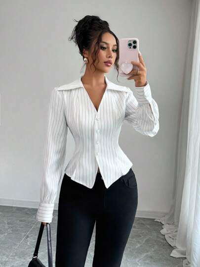 Rafferiza Fall Women Clothes French Vertical Striped Open-Collar Shirt, Single-Breasted Design, Slim Fit For Women, Perfect For Daily Commuting