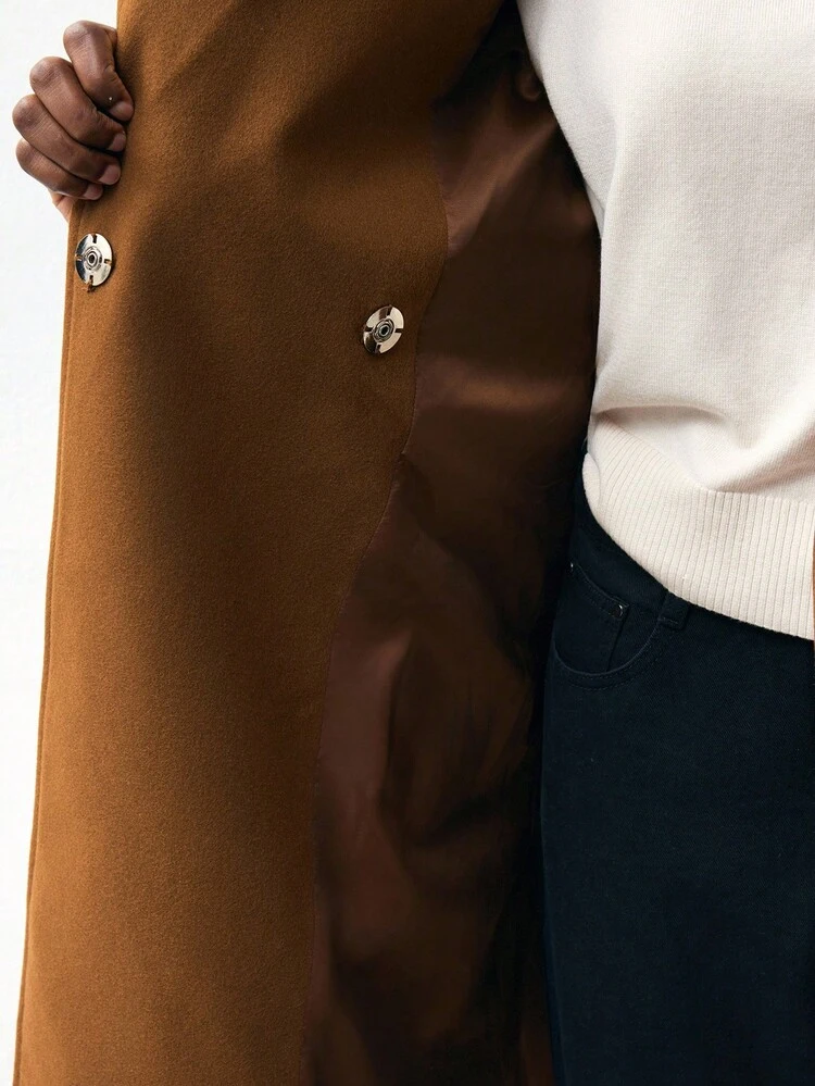 SHEIN Maija 2025 Early Autumn Double-Sided Women Long Overcoat, Winter Fall For Women, Women's Halloween Costume, New Year Women's ,Thanksgiving For Women, Casual For Women, Brown Coat