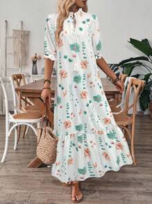 V-Neck Printed Ruffle Hem Casual Vacation Dress With Drawstring - Multicolor - View 3