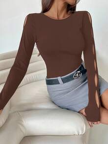 Siren Gaze 女士纯色镂空长袖休闲圆领T恤 - 咖啡棕 - 查看 7