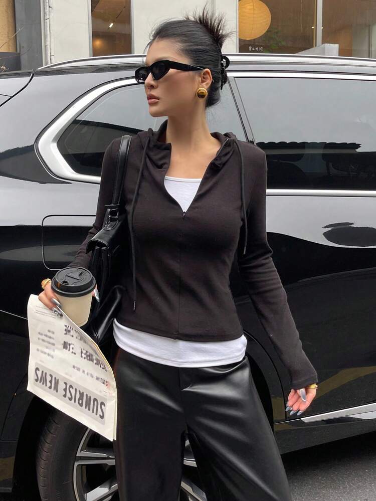 Women's Solid Color Minimalist Casual Hooded Long Sleeve T-Shirt
