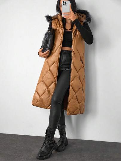EURMUSE Faux Fur Hooded Long Puffer Vest – Cozy & Stylish / Chic Layer – Long Sleeveless Puffer Vest With Plush Fur Detail